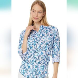 Lilly Pulitzer Resort Shell Coastal Cowgirl Beachy Chic Tropical Linen Top L